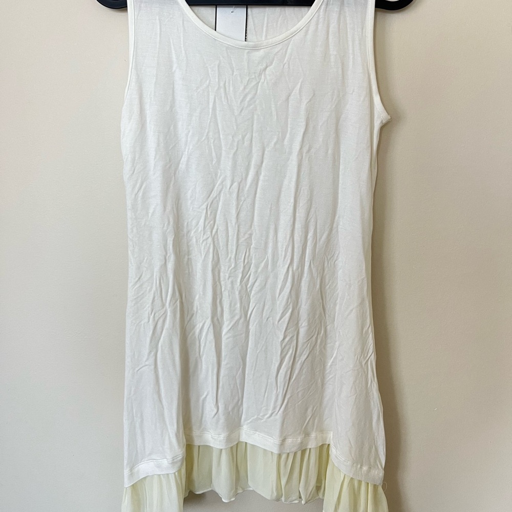 LOGO by Lori goldstein white tank top with off white/yellowish ruffling details